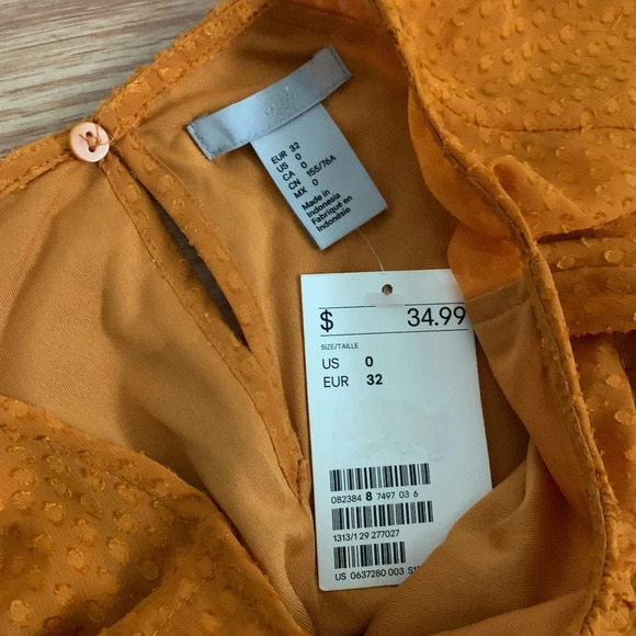 H&M Orange Embroidered Print Ruffle Sleeve Elastic Waist A Line Dress Size 0 - Picture 16 of 16